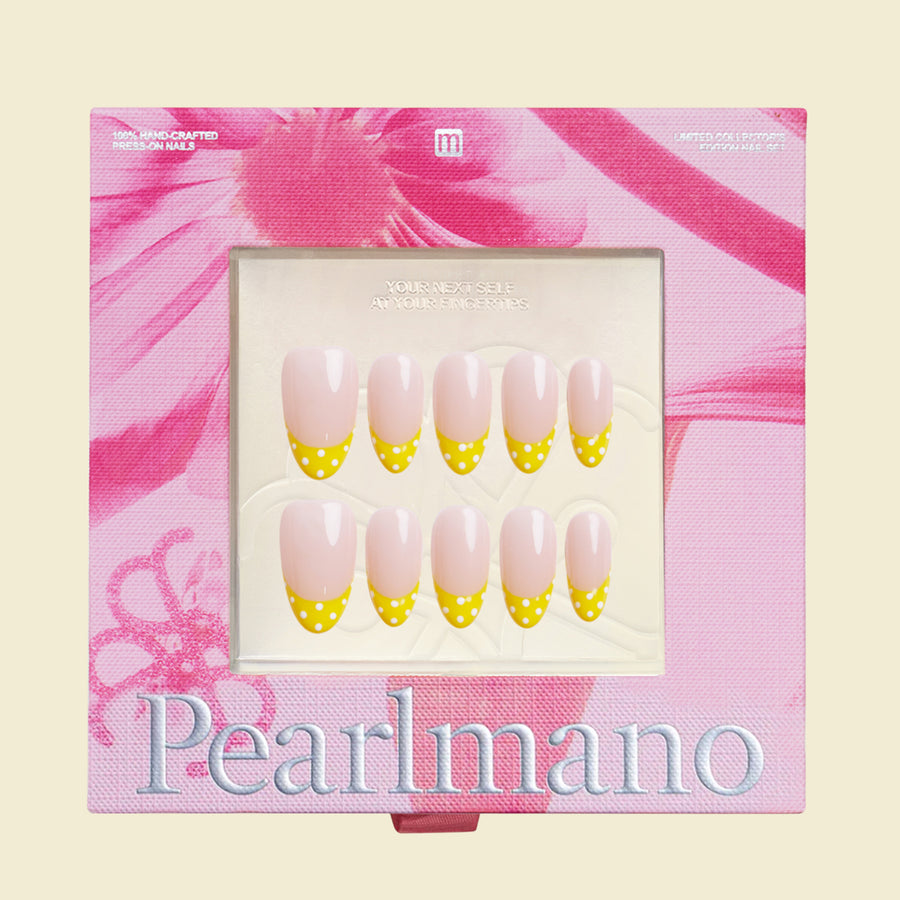 Soleil Poppy yellow polka dot French tip short almond press-on nails