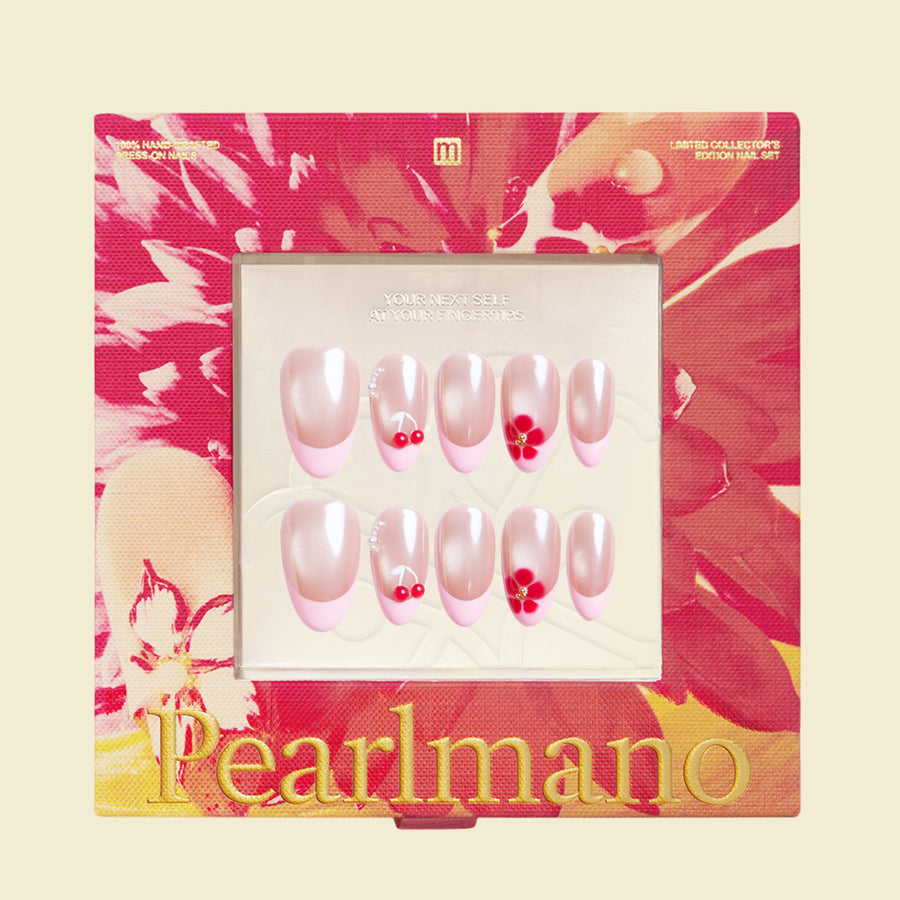 Cherry Bloom pink crystal pearl French tip short almond press-on nails