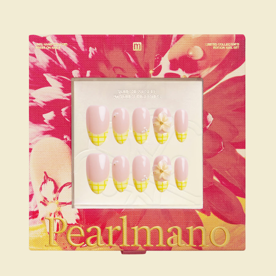 Limoncello yellow floral French tip short almond press-on nails