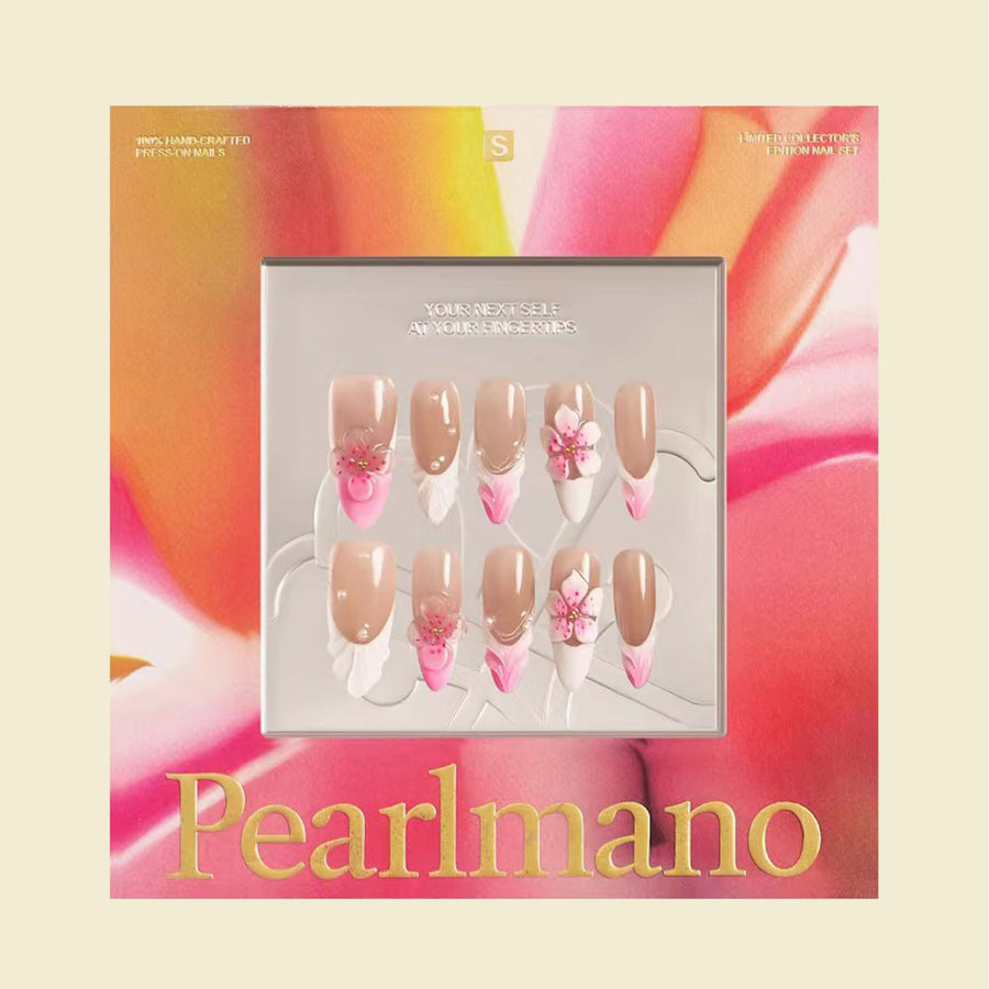 Garden in Bali pink floral pearl French tip long almond press-on nails