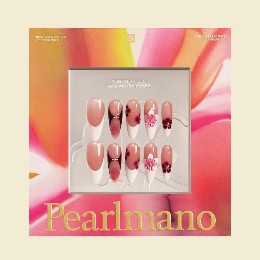 Hibiscus pink floral pearl French tip long almond press-on nails