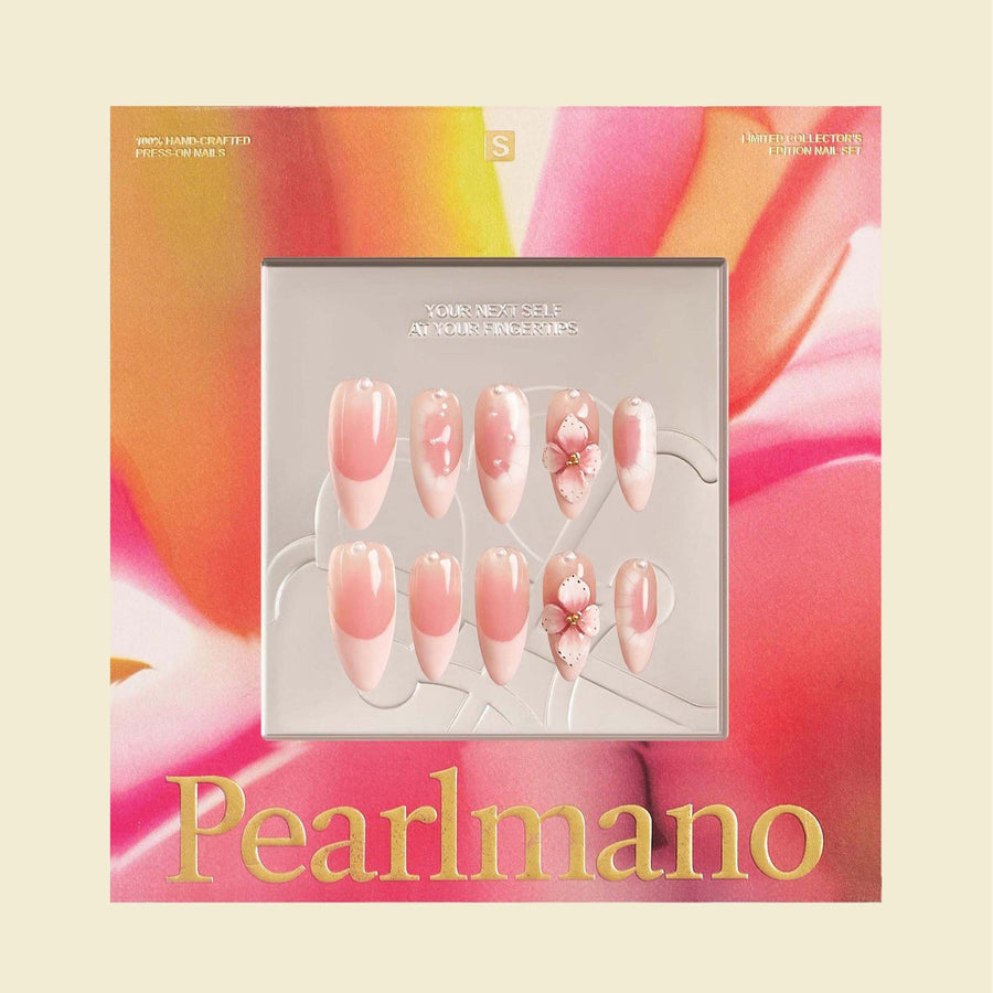 Sweet Pea pink floral pearl French tip almond press-on nails