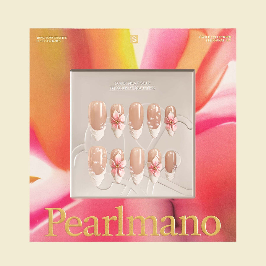 Pearl Flower pink floral pearl French tip almond press-on nails