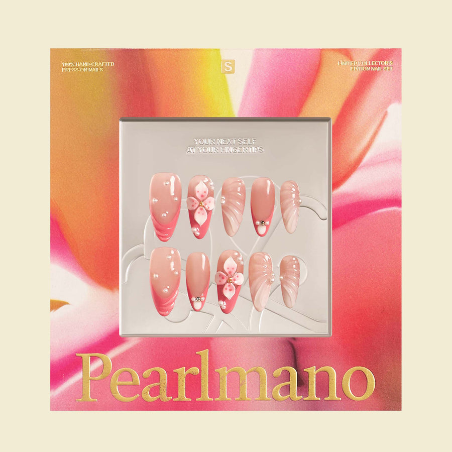 Nono’s Flower pink 3D floral pearl French tip almond press-on nails
