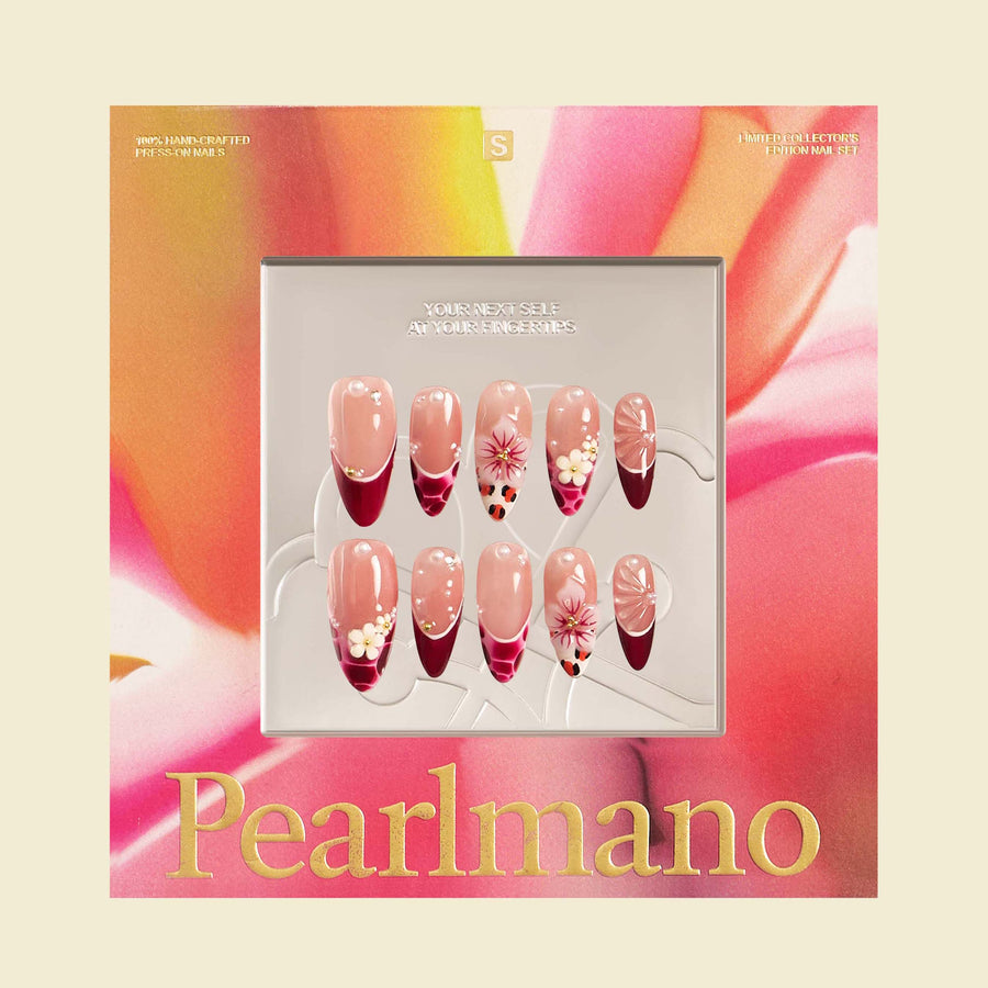 Garden in Barcelona red 3D floral French tip almond press-on nails