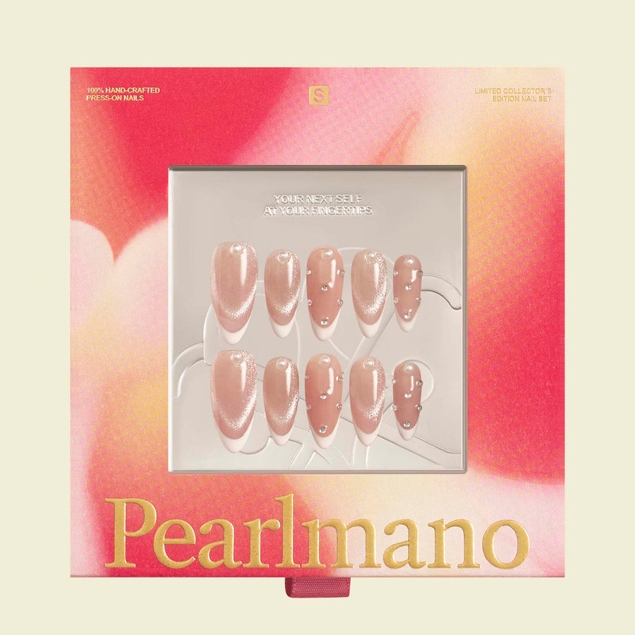 Morganite white crystal pearl French tip almond press-on nails