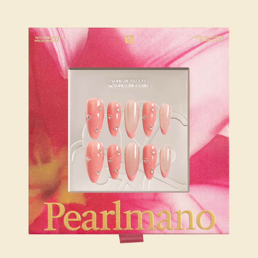 Her Blush Brush pink crystal French tip almond press-on nails