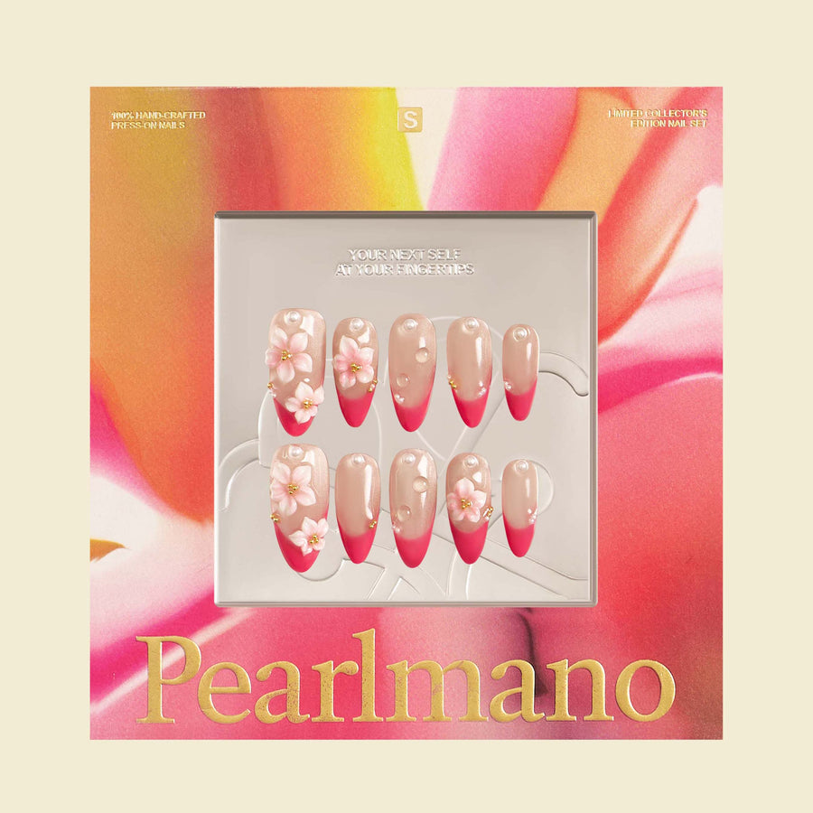 Sakura pink 3D floral pearl French tip almond press-on nails