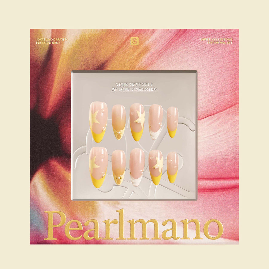 Sunny yellow star pearl French tip almond press-on nails