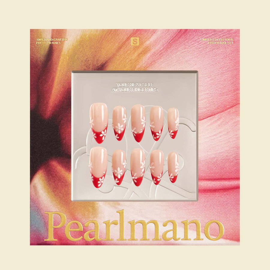 Nono red and white floral French tip almond press-on nails