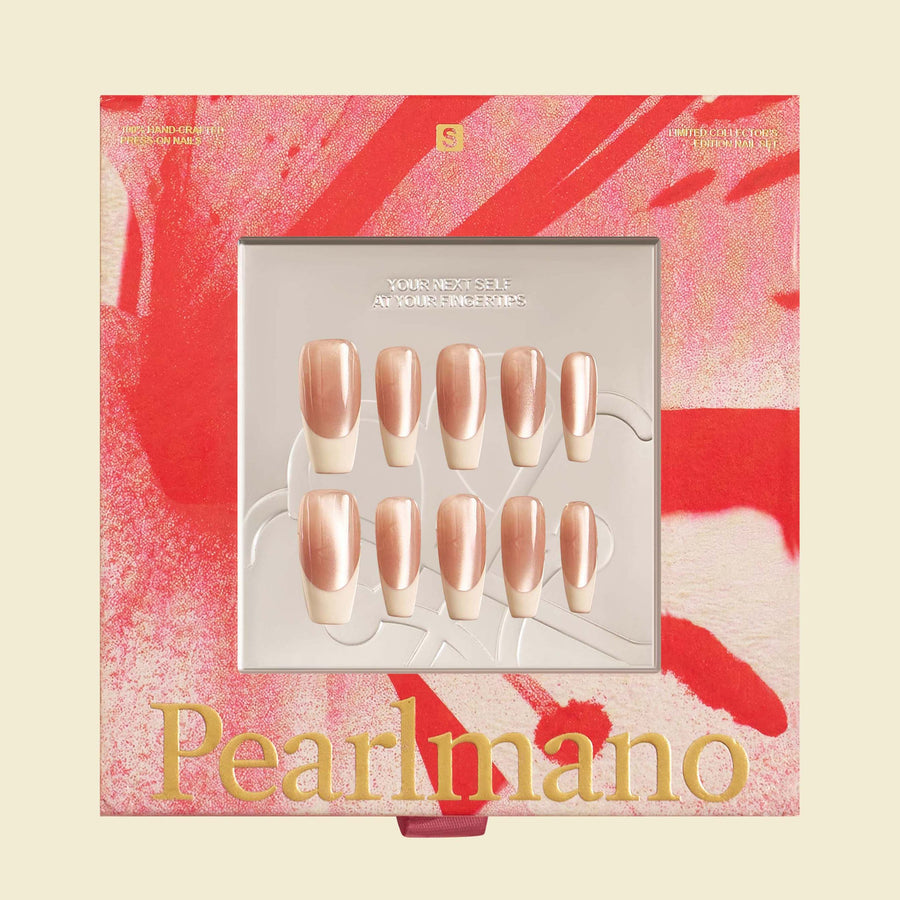 Gold white cat-eye French tip coffin press-on nails