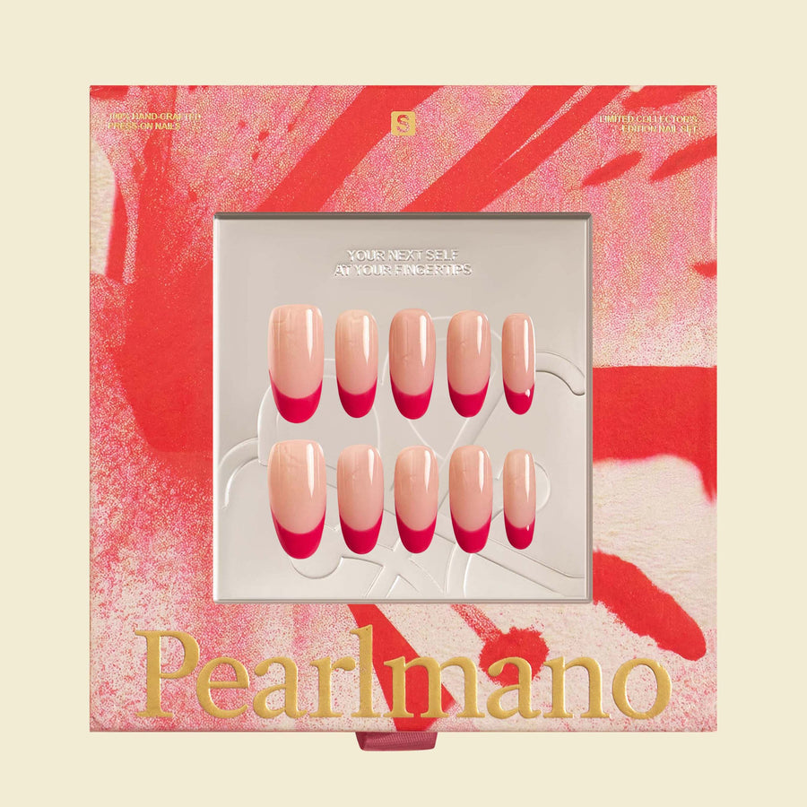 Flush red French tip oval press-on nails