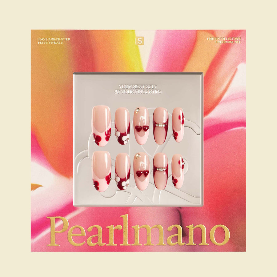 Cheri red and pink floral French tip oval press-on nails