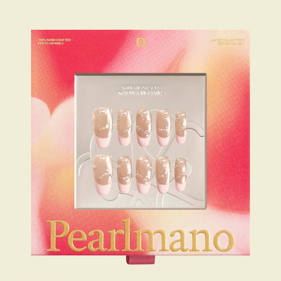 Champagne Quartz pink pearl cat-eye French tip oval press-on nails